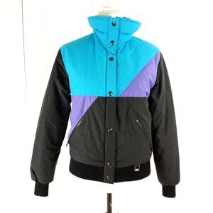 Fera Vintage 80s Ski Jacket Colorblock Black/Teal/Purple Retro Puffer Size 8